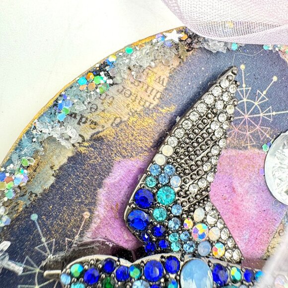 Handcrafted Ornament OOAK Collage Bird Gold & Blue Accents 3" Ribbon - Picture 6 of 10